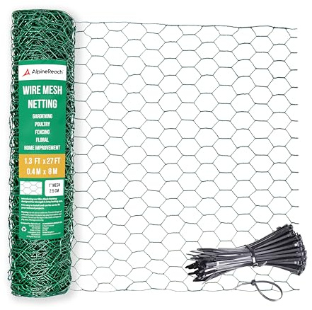 AlpineReach Chicken Wire 0.4m x 8m for Floral Arrangements with Zip Ties - Green Mesh Galvanized Hexagonal PVC Coated Garden Netting for Fencing, Crafts, Poultry, Gardening Fence