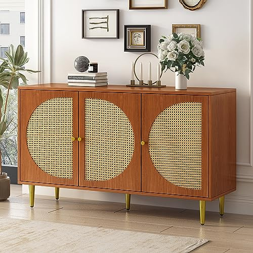 DUlVBPE Sideboard mit 3 Rattan verzierten Türen Kommode Highboard mit Metallgriffe, für Schlafzimmer & Wohnräume & Büro, Nussbaum 129.8X 40x 76cm