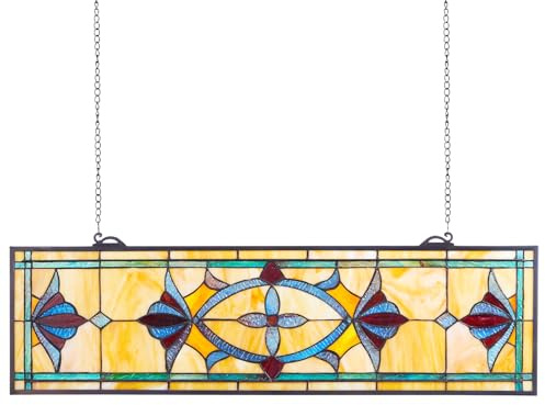 VEVOR Fönsterpanel i målat glas, 81 x 25,4 cm, hängande akterspegelfönsterpanel i Tiffany-stil med kedja, stor horisontell rektangel fläckglas, vintage traditionella konsthantverk för kök heminredning
