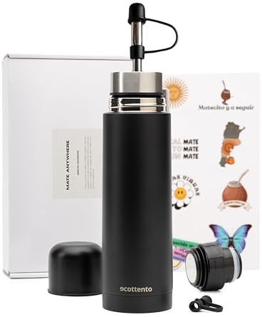 Ecottento – Termo mate autocebante 100% acero inoxidable 500ml – mate listo + tapón cebador – kit mate argentino y tereré paraguayo – Automate con tapón silicona bombilla y stickers. (Negro)