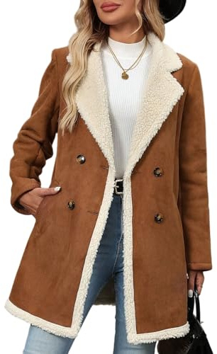 Ansenesna Winterjacke Damen Lang Warm Gefüttert Jacke Winter Mit Fell Wintermantel Elegant Fellkragen Wildleder Mantel Frauen Teddyfleece Innenfell Dicke Damen-Jacken Teddyfell Damenjacken