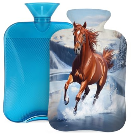 Mexpekil Wärmflasche mit weichem Flanellbezug, 2 l, großer Wärmbeutel zur Schmerzlinderung, warme Hände, Füße und Körper, ideales Geschenk für Erwachsene und Kinder (Pferd, See, Schneeberge)