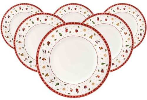 Villeroy & Boch Toy's Delight Specials Juego de 6 platos llanos, rojo y blanco, apto para lavavajillas, microondas, platos, vajilla, vajilla de Navidad, juguetes de porcelana premium
