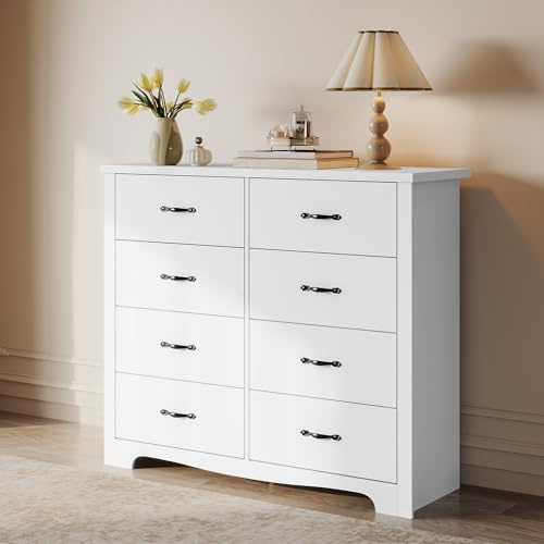 LINSY HOME Kommode 120 cm Breit - Modernes Sideboard - Schrank mit 8 Schubladen - Schubladenschrank - Kommodenschrank für Wohnzimmer, Flur, Schlafzimmer - Weiß 120x102x40 cm