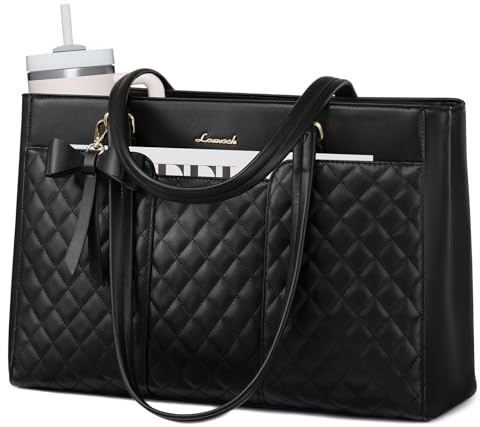 LOVEVOOK Damhandväska, stor, laptopväska, arbetsväska, shoppingväska, PU-läder, lärarväska, portfölj, skolväska, laptopväskor, bärväska, kvinnor för arbete, affärer, kontor, universitet, B-Svart, 15,6