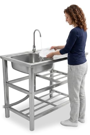 Avilia - Lavello Multifunzione in Acciaio Inox Professionale con Fontana – Lavandino da Esterno e Interno Reversibile – Dimensioni 75x40x80 cm con Doppia Mensola, Rubinetto e Kit Scarico Completo