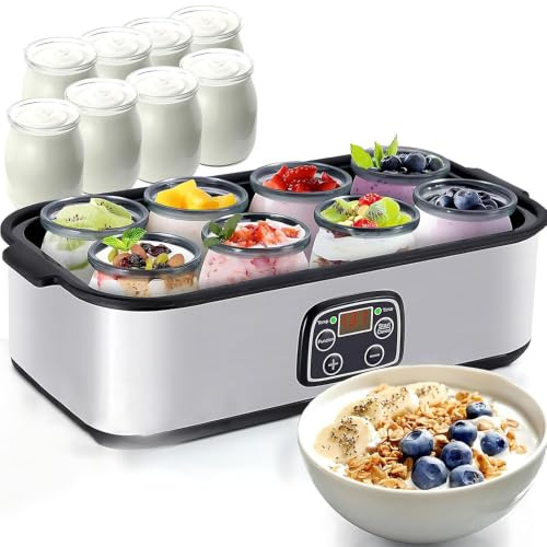 1400ml Yoghurtmaskin med Justerbar Temperatur och 48 Timmars Timer, Yoghurtmaskin i Rostfritt stål med LED-display för Desserter