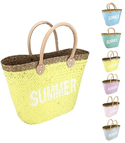 quantio Seegras Strandtasche SUMMER - blau, türkis, gelb, pink, rosa oder grau - 40 x 37 x 13 cm (HxBxT) - Der ideale Freizeit und Urlaubsbegleiter - Farbe wählbar, Farbe:Gelb