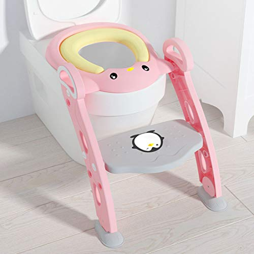 KUANDARYJ Toilettensitz-Stuhl Toilettentensitz Kinder, justierbarer Töpfchen-Sitz mit Schritt Kinder Toiletten-Trainingssitz mit Rutschfester Trittleiter-Leiter, Pink