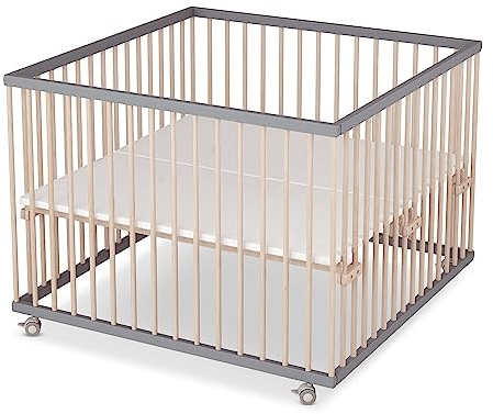 Sämann Laufstall Baby 100x100 cm | TÜV geprüft 2023 | stufenlos höhenverstellbar | Laufgitter Premium | Babybett aus Holz | Krabbelgitter Komplettset grau/natur