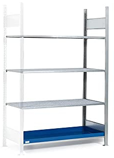 Regal Anbaufeld für Gefahrstoffe, 1312 mm x 2000 mm x 637 mm, Silber/blau, zur Lagerung von Kleingebinde, 4 Ebenen, mit Auffangwanne aus Stahl und 3 Gitterroste