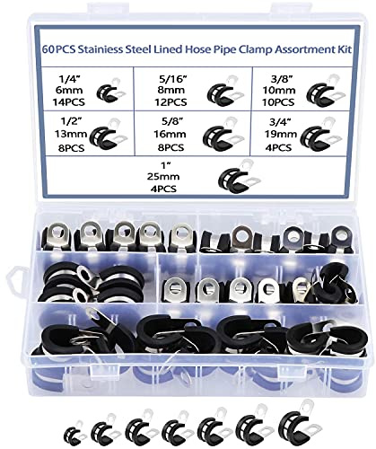 MaxAwe 60 Stk P-Clips mit Gummieinlage aus Edelstahl für Kabel & Rohre | 7 Größen 6–25 mm, 304 Edelstahl, EPDM-Gummi, Rostfrei, Für Auto, Boot, Industrie, Haushalt und Leitungsmontage