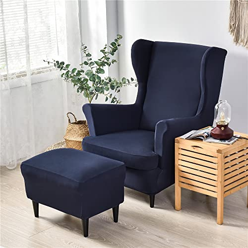 Highdi 2 Teilig Ohrensessel Überzug Mit Ottomane Schonbezug, Einfarbig Sessel-Überwürfe Ohrensessel Schonbezüge Bezug Sesselhusse Stretch Tiger Stuhlbezug mit Armlehne Hohe Rückenlehne (Navy blau)