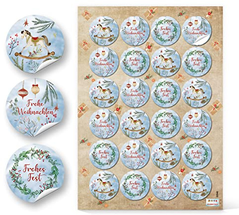 24 Weihnachts Sticker blau rot Frohe Weihnachten Text Geschenke Kunden Mitarbeiter blau rot 4 cm Premium Made in Germany Logbuch-Verlag