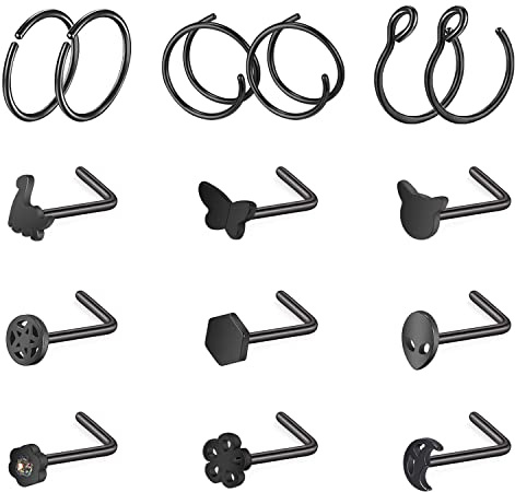 ZS 20 g Nasenstecker Nasenringe für Frauen, 15 Stück Chirurgenstahl Nasenstecker Ring L-förmig, schwarzer Fledermaus Totenkopf Korkenzieher Nasenpiercing Schmuck, Edelstahl