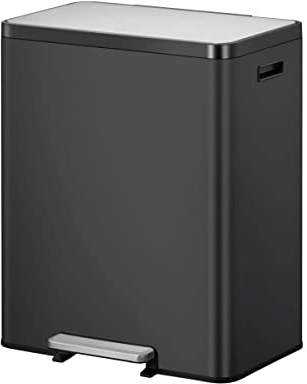 EKO Ecocasa II - Cubo doble de basura y reciclaje, doble cubo de cocina resistente a huellas dactilares, cubo grande de 60 litros con pedal con desodorante integrado, acero inoxidable cepillado negro