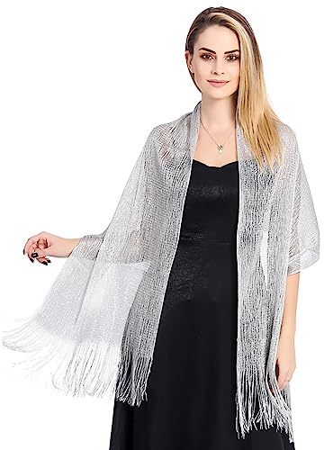 Wambere Damen Stola Stola Für Abendkleid Stola Umschlagtücher Tücher Wraps Schal mit Quasten Chiffon Stola,Geeignet für Festlich, Abschlussball, Hochzeit, Party, Abend, Versammlung,Silber