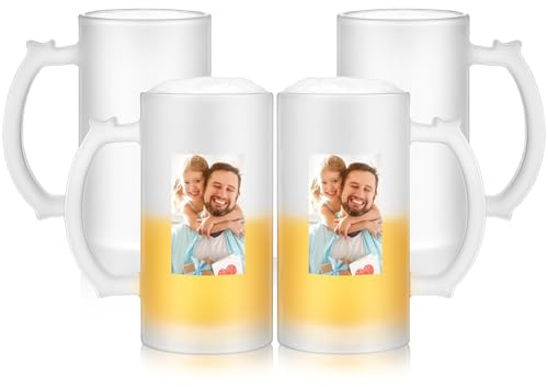 Mifoci 4 Pcs Sublimation Blank Beer Mugs Personalized Tazas Para Present 16 oz Frosted Beer Glass Cups Can Add Photo Text or Images on Gift for Dad Husband Groomsmen Father's Day Wedding Oktoberfest
