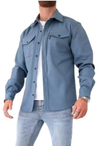 Casual Jacke Herren Leichte Dünnschliff Langarm Jacke Slim Fit Revers Einfarbig Übergangsjacke Herren Frühling Hemdjacke Herren F-Lake Blue 3XL