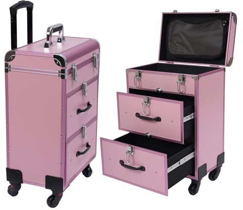 Kosmetikkoffer Trolley, Schminkkoffer mit 2 Schubladen Groß Abschließbar Friseurkoffer Reisen Make-up Koffer mit 360° drehbare Rollen 36 x 23 x 58 cm