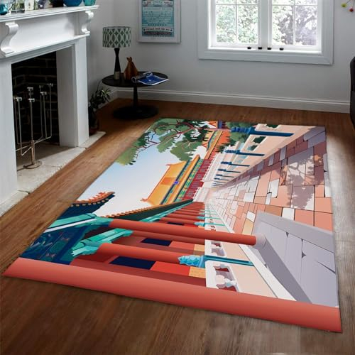 LANDERSION Rote Ziegelwandteppiche im chinesischen Stil maschinenwaschbarer, Rutschfester Teppich für Wohnzimmer, Esszimmer, Schlafzimmer, niedrige Flor- und weiche Teppiche 135x170cm