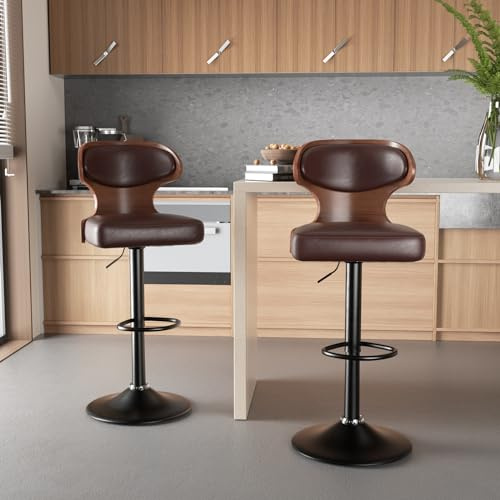 Hawthyhome Barhocker 2er Set mit Nussbaumholz Barstuhl Braun | 360° Drehstuhl, Rückenlehne, Fußstütze, Nussbaumholz, Kücheninsel, Bistrohocker, Hausbar, Esszimmer