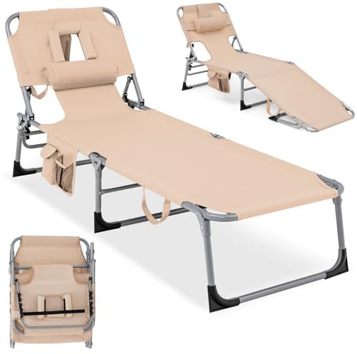 COSTWAY Faltbarer Strand-Lounge-Sessel, Sonnenstuhl mit Gesichtsloch, 5-Fach verstellbare Rückenlehne, Kissen & Seitentasche, Faltbarer Chaiselongue-Sessel im Freien zum Sonnenbaden, Camping (1,