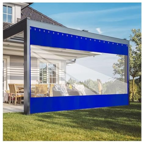 Rygcrud Außenbereich Vinyl Abdeckungen & Durchsichtige Planenvorhänge, Patio-Schattenstoff Seitenwand Industrielle Trennwand Türvorhänge Wasserdicht Für Pergola, Veranda, Garage(Blau,4X2.8M/13x9.2FT)
