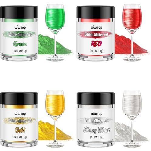 Wwtop Essbarer Glitzer für Getränke, 4 Farben Glitzerpulver Set, Gold Weiß Rot Grün Lebensmittel Glitzer für Getränke, Geschmacklos Essbarer Goldpulver für Cocktails, Likör, Kuchen, Fondant(3g)