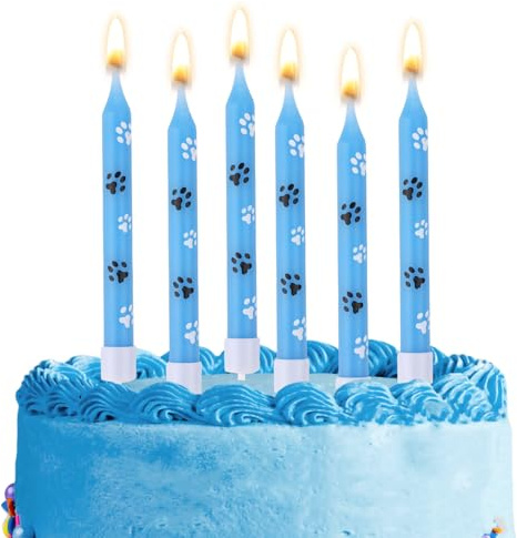 PEUTIER 12pcs Paw Print Birthday Candle, Blue Paw Cupcake Cake Topper, Pet Birthday Supplies, Baby Shower, Puppy Cat Party Decorations