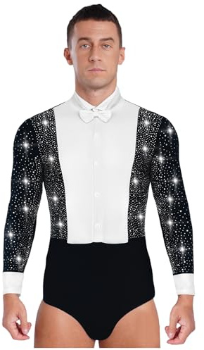 RUNQHUI Herren Langarm Tanz Hemd Body Latein Tanzbody Stringbody Einteiler Eiskunstlauf Dancewear mit Fliege Gr. M-XXL Schwarz L