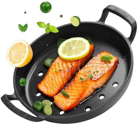 Onlyfire Φ26.5 CM Round Griddle Pan with Handles, Frying Pan, Cast Iron Skillet, Perforated Grill Pan for Gas Grill, Charcoal Grill and Most Ovens