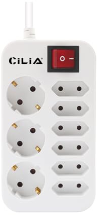 CILIA Steckdosenleiste Mehrfachsteckdose mit Schalter 9-Fach (3 Schuko + 6 Euro Steckdose/Eurostecker), Kippschalter & Kindersicherung, 3680W Max, 9 Steckdosen, 1,5m Kabel, Haus/Büro, Weiß