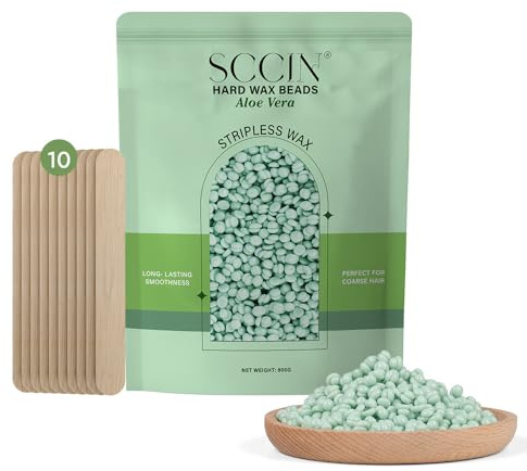 SCCIN Hard Wax Beads 800g with 10 Wooden Spatulas– Stripless Wax Beads for Hair Removal, Low-Temp Hot Wax Beans for All Skin Types, Bikini, Brazilian, Face & full Body Waxing Beads (Aloe Vera)