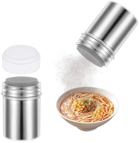 HERKINDNESS Dispensador de Canela, 2 Piezas Dispensador de Canela, Acero Inoxidable 304 Latas de Polvo con Malla, con Diseño de Tapa, Color Plata, para Azúcar Glas, Chocolate en Polvo