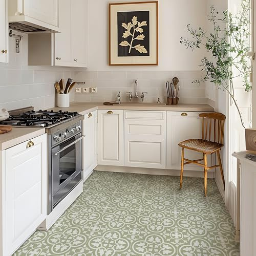 Alwayspon Vinyl Flooring Tile Sticker, 12Px30cm/12inch Peel and Stick Vinyl Floor Wall Planks Self-Adhesive Splashback Stick on Tiles Transfer Sticker for Bathroom Kitchen, Sage Green Floral