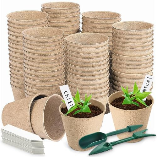 Aileem 96 Pack Seedling Pots, Ø 8cm Biodegradable Plant Pots with 96pcs Plastic Labels and Transplant Digging Tools, Compostable Planting Pots for Home Gardening & Greenhouse
