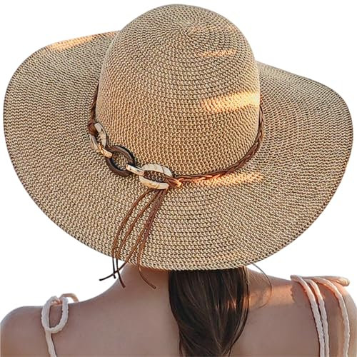 BelleVive Strand-Sonnenhüte für Damen, Strohhut mit breiter Krempe für Damen, Sommerhut mit aufrollbarem Windband, Faltbarer Strandhut mit UV-Schutz, LSF 50+, Verstellbarer Riemen, Urlaub