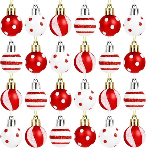 DERAYEE klein Weihnachtskugeln, 49 Stück 3cm Weihnachtsbaumkugeln Glitter Weihnachtskugeln für Weihnachtsbaum Dekoration,Weihnachtsbaumschmuck(rot und grün) (Einzigartiger Stil:Rot & Weiß 24PC)