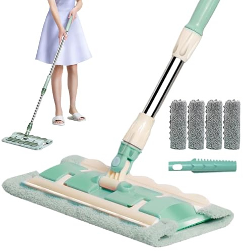 Scopa per pavimenti in legno, scopa a frange per cucina con 4 teste lavabili, manico telescopico, strumento di pulizia rotante a 360 gradi per cucina e bagno, pavimenti in legno e piastrelle