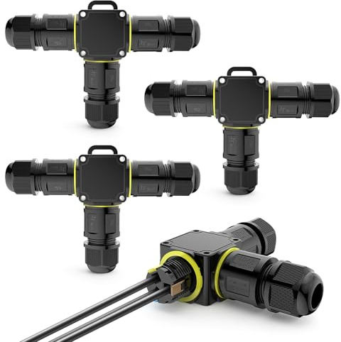 Lot de 3 connecteurs de câble 3 broches IP68 étanches - Manchon de connexion pour câble souterrain de 4 à 8 mm de diamètre - Boîte de dérivation à 3 voies - Noir - Pour jardin et extérieur