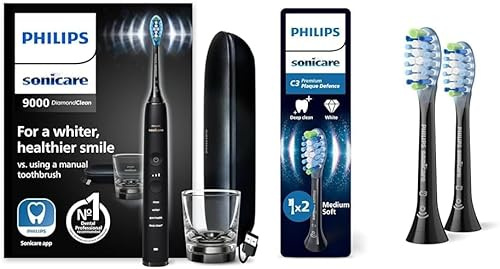 Set aus Philips Sonicare DiamondClean 9000 elektrische Zahnbürste, Schallzahnbürste mit AppModell HX9911/09 + Philips Sonicare C3 Premium Plaque Defense, Original Ersatzbürstenköpfe, HX9042/88