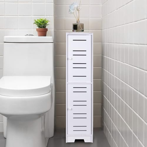powerking Toilet Paper Holder Stand, White Small Bathroom Storage Cabinet with Doors，Slim Corner Shelf for Bathroom Small Spaces Corner Floor
