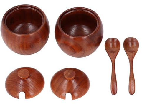 Baxnore Juego de salero de madera, tarros de almacenamiento de madera de azufaifa de primera calidad con tapas y cucharas para organización de la cocina, 2 juegos, 6 piezas