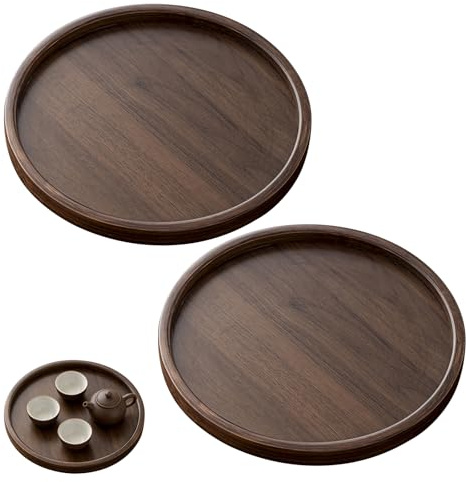 Vassoio rotondo in legno, set di 2 pezzi, vassoio rotondo per portata, vassoio in legno, vassoio decorativo, 30 x 30 x 2,3 cm, per caffè, cucina, frutta, panini
