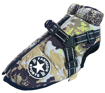 Winterwarme Große Hundejacke mit Geschirr, Wasserdichter Mantel für Große Hunde Wie Labrador, Chihuahua, Französische Bulldogge, Outdoor-Hundebekleidung(Camouflage,3XL)