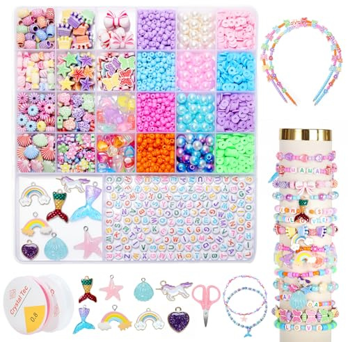 WONDERFORU Perlen Set für Armbänder Selber Machen für Bastelset Kinder, Bunte Perlen zum Auffädeln kinder Schmuck Basteln Perlen Mädchen Set Halsketten Kunst Handwerk Geburtstagsgeschenke Spielzeug