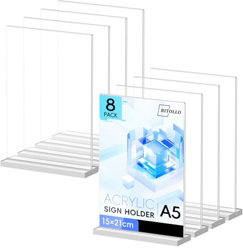 RITOLLO A5 Acryl Schildhalter 8er Pack T-Form Beidseitiger Displayständer, Transparenter Posterrahmen, Klare Menühalter für Büro Schreibtisch Geschäft Restaurant Schule Theke (8)
