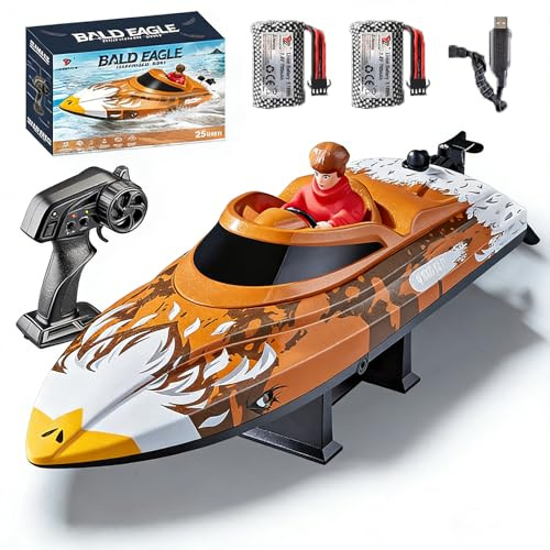 Hylukon Ferngesteuertes Boot, 25 Km/h Hochgeschwindigkeit Speedboat Rennboote, 2,4 GHz RC Boot mit LED Leuchten, Niederspannungsalarm, Automatischer Rückstellung mit Einem klick (Braun)