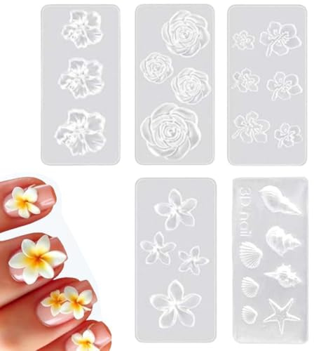 KRFWGUU 5 Piezas Molde De Silicona 3D Flores Para Arte De Uñas, Molde De Fundición De Flores Pequeñas, Plantilla De Uñas Para Arte De Uñas De Gel,Decoraciones De Uñas Diy Y Decoraciones De Resina